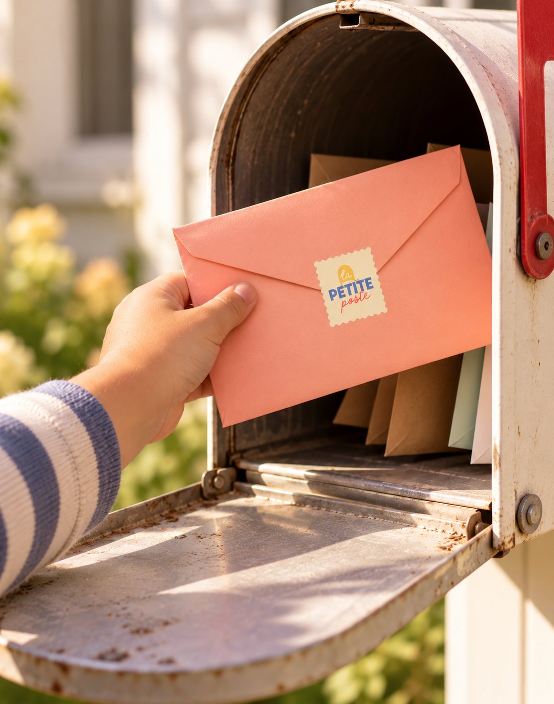 Une main glisse une enveloppe rose de La petite poste dans une boîte aux lettres